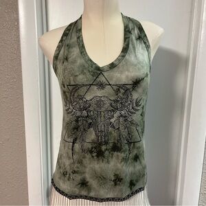 NWT women’s green tie dye cattle head vneck tasseled tank top by Liberty wear